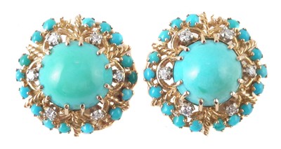 Lot 95 - A pair of 18ct gold turquoise and diamond set round cluster clip-back earrings.