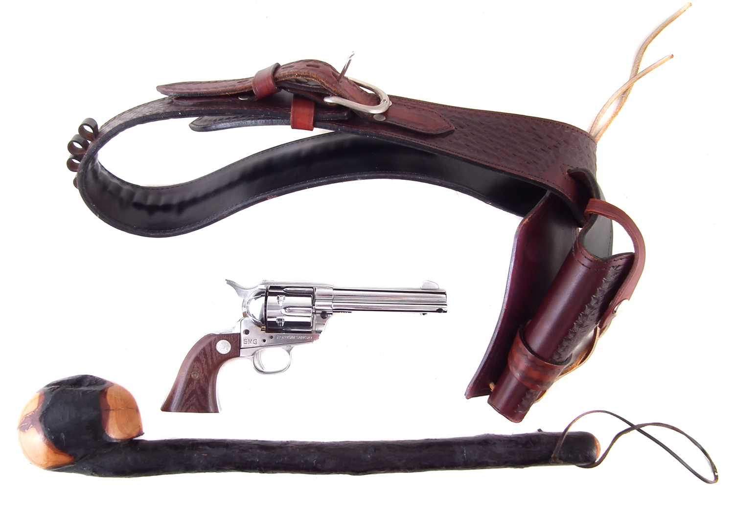 Lot 42 - Replica Colt SAA 1873 by Kokusai Sangyo with belt and holster also a carved wood club.