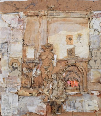 Lot 88 - Don McKinlay, Standing female nude by fireside, mixed media and collage.