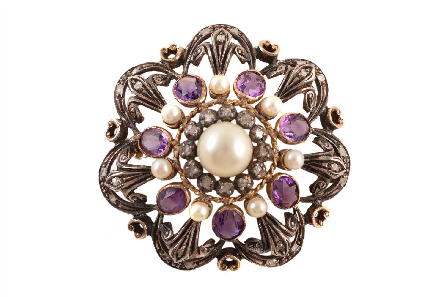 Lot 37 - An early 20th century cultured pearl, amethyst and diamond brooch