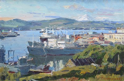 Lot 420 - Igor Pavlovich Rubinsky, "Harbour on the Kamchatka Peninsula", oil on board.