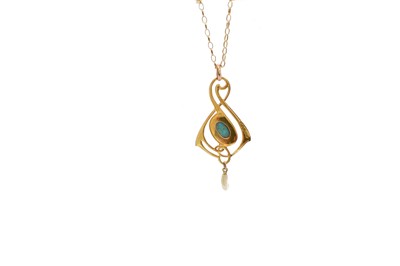 Lot 134 - An Art Nouveau 9ct gold turquoise and pearl pendant