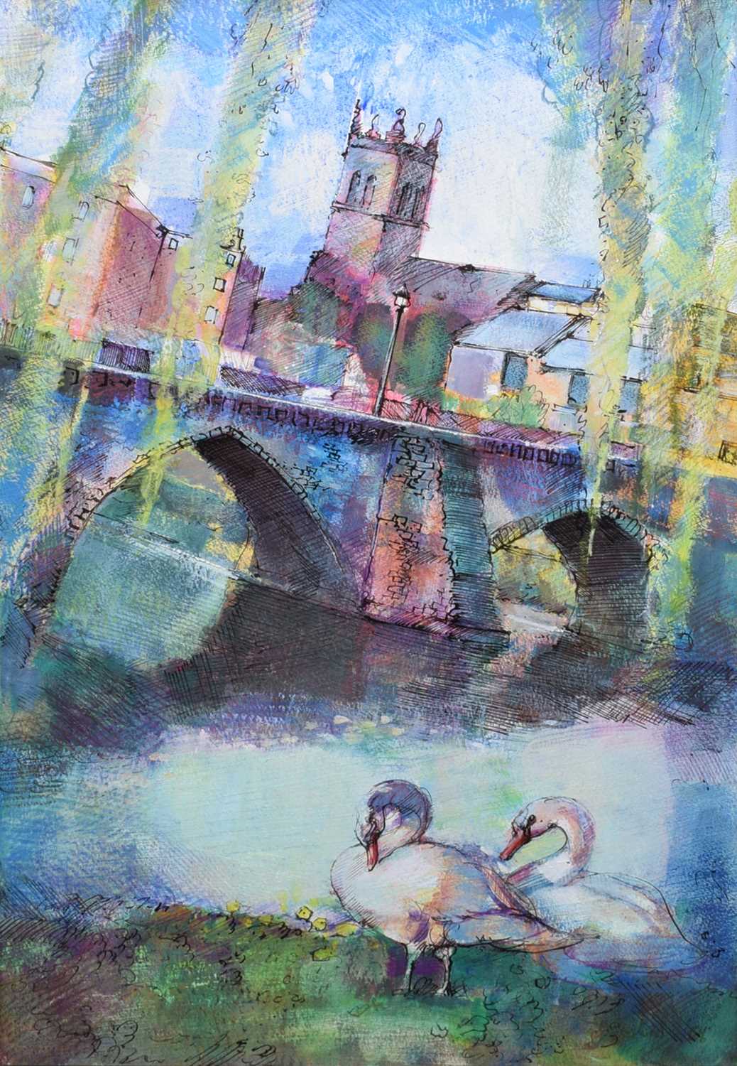 Lot 97 - Bohuslav Barlow, "Two Swans at the Bridge, Chester", mixed media.