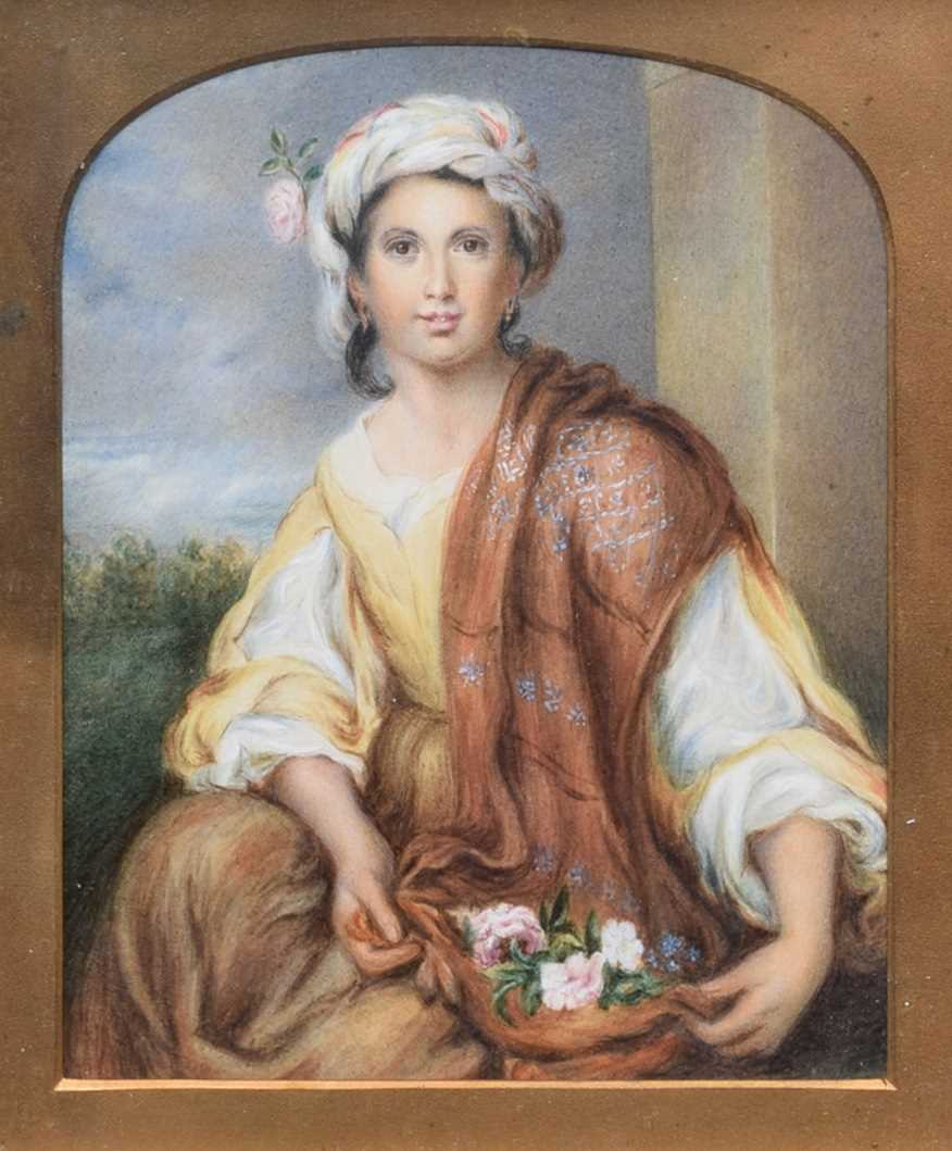 Lot 573 - Framed miniature portrait of a lady holding a basket of flowers.