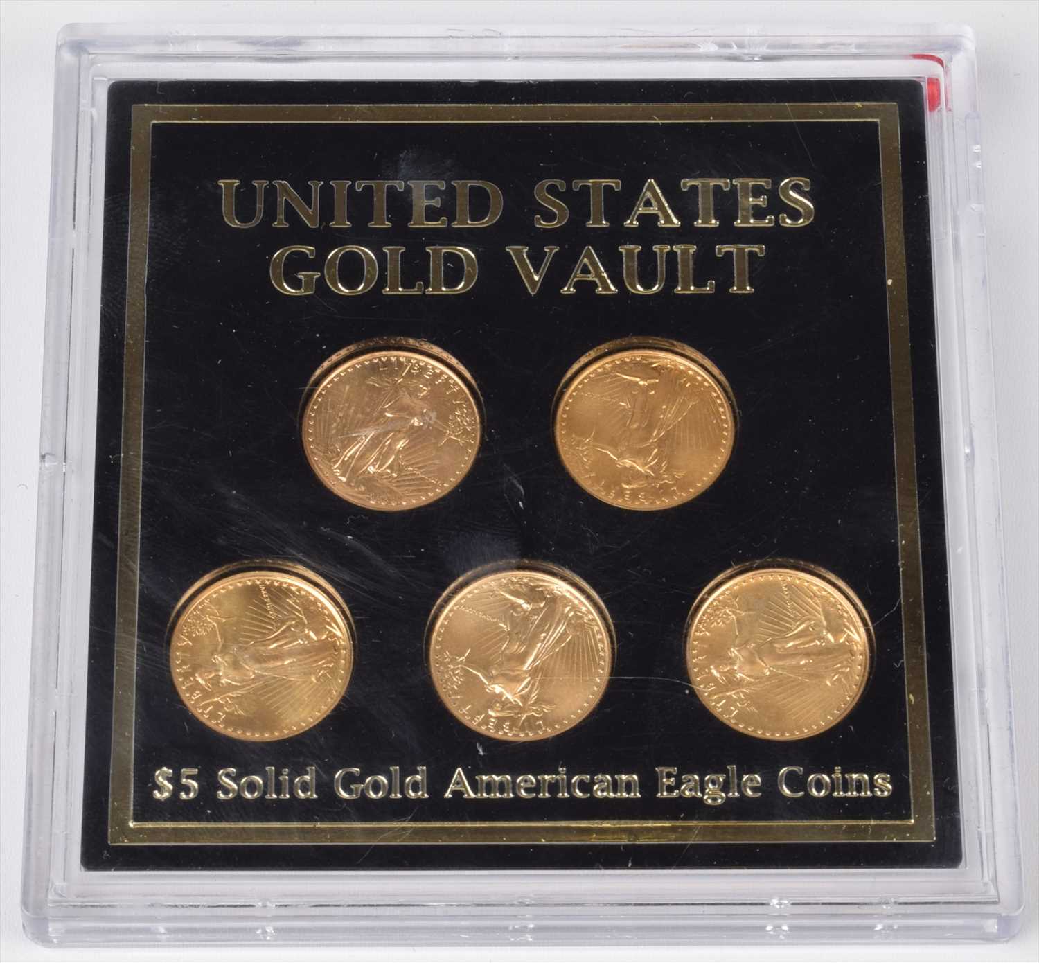 Lot 4 - Cased set of five Five Dollar solid gold 1/10oz American eagle coins.