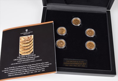 Lot 56 - World War One Great Britain and her allies gold sovereign cased set.