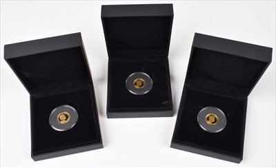 Lot 29 - Three cased proof 2014 Isle of Man 30th Anniversary 1/10oz Gold Angel coins with certificate.