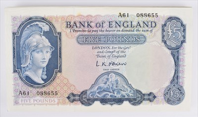 Lot 41 - Forty-four Series "B" Helmeted Britannia Issue (February 1957), Five Pounds banknotes (44).