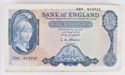 Lot 39 - Seventy-four Series "B" Helmeted Britannia Issue (February 1957), Five Pounds banknotes (74).