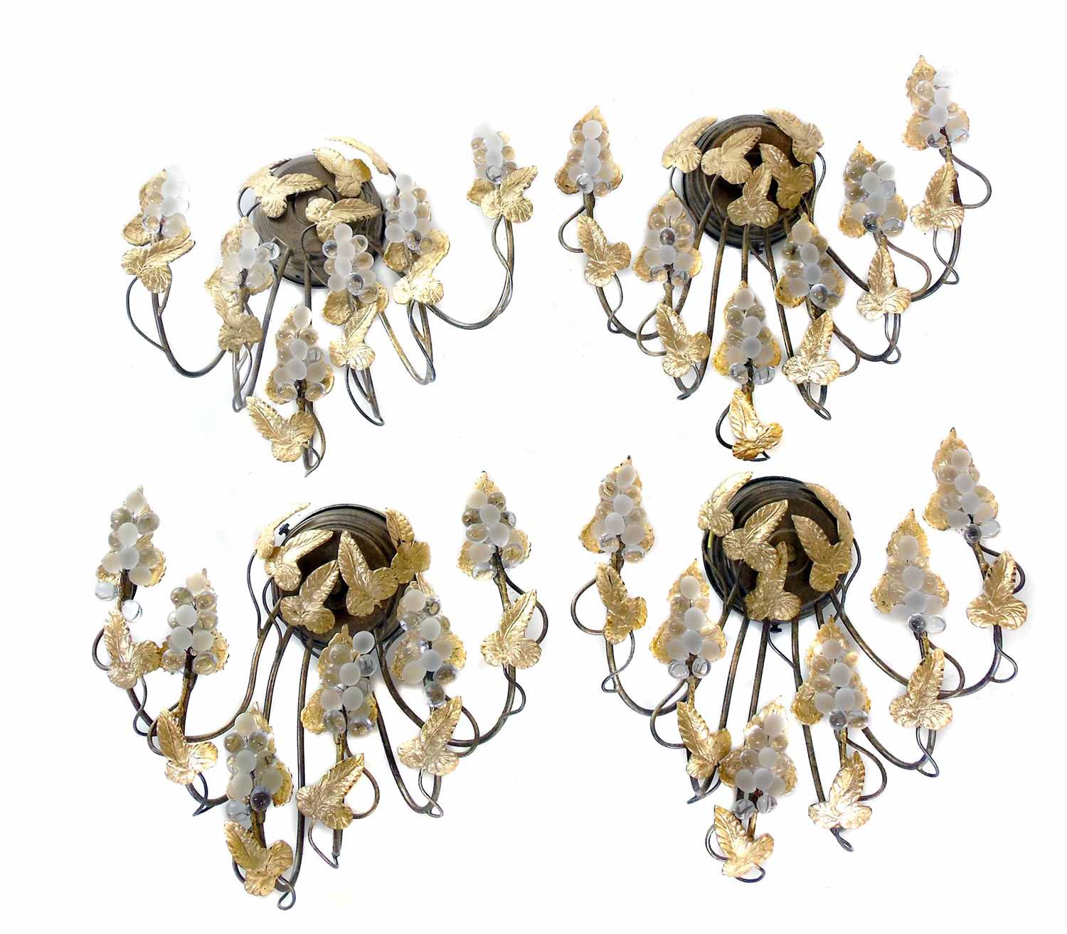 Lot 266 - Four handmade frosted brass finish Murano glass wall lamps.