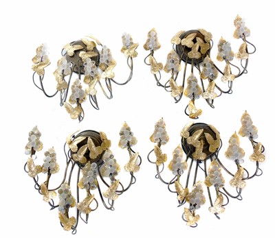 Lot 266 - Four handmade frosted brass finish Murano glass wall lamps.