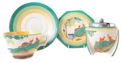 Lot 344 - Clarice Cliff preserve, cup and saucer and a plate