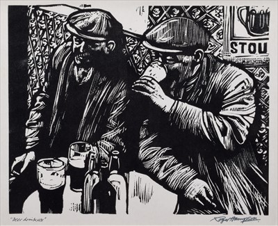 Lot 116 - Roger Hampson, "Beer Drinkers", linocut.