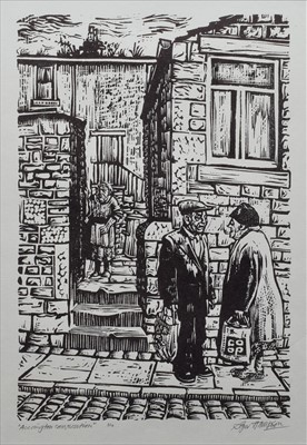 Lot 121 - Roger Hampson, "Accrington Conversation", linocut.