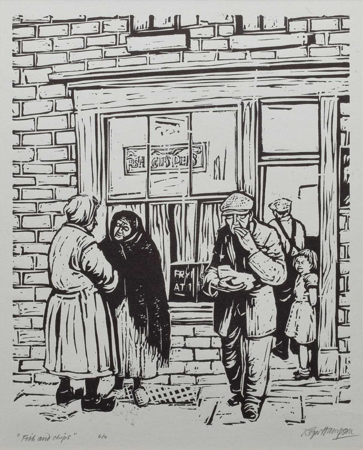 Lot 123 - Roger Hampson, "Fish and Chips", linocut.
