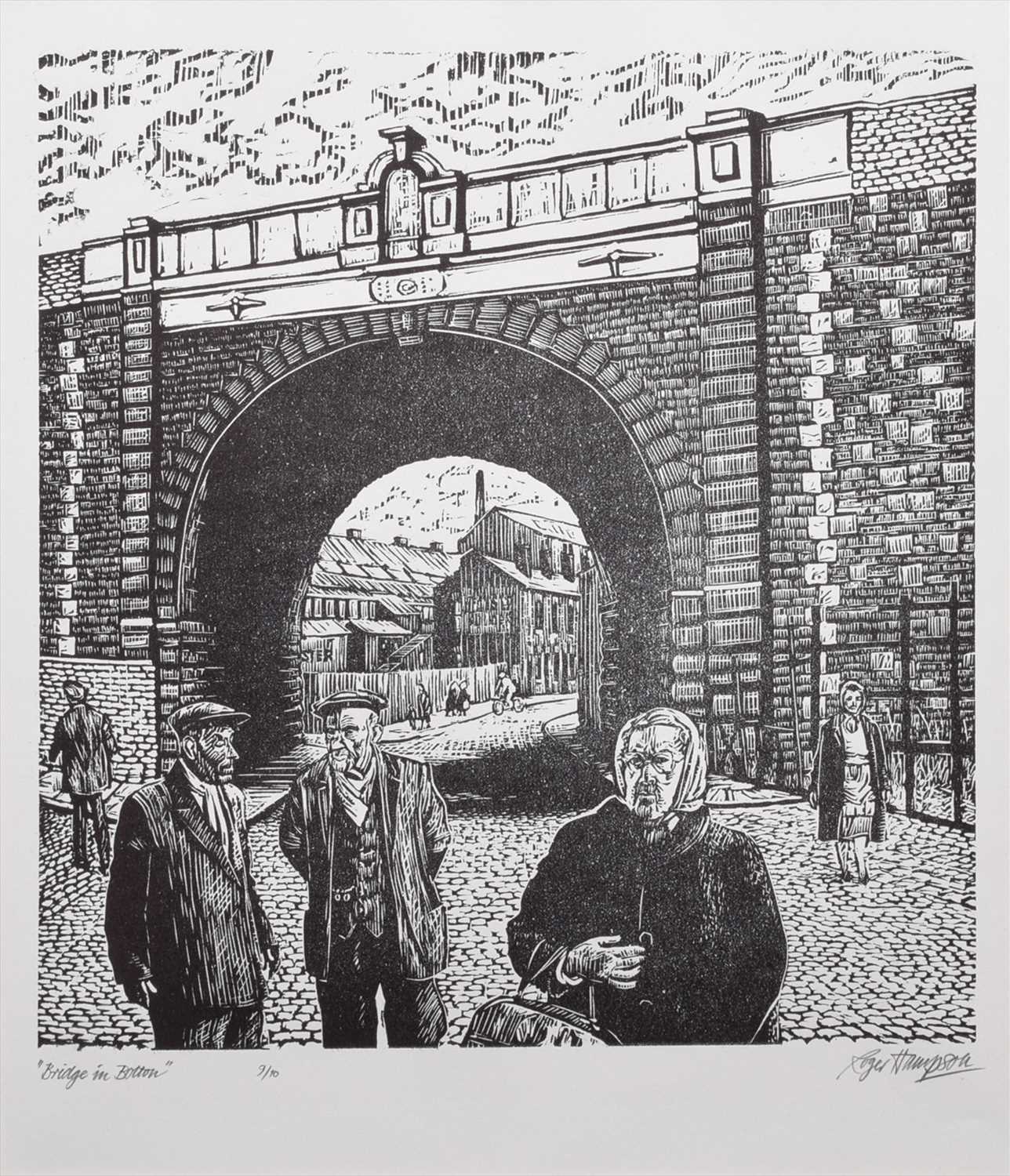 Lot 126 - Roger Hampson, "Bridge in Bolton", linocut.