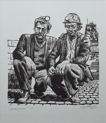 Lot 127 - Roger Hampson, "Squatting Miners", linocut.