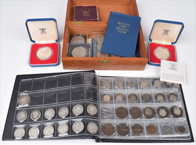 Lot 158 - One blue album of historical coins and a wooden box of modern commemorative crowns.