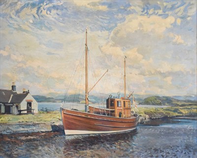 Lot 244 - Leslie A. Wilcox, Coastal scene with moored boat, oil on canvas.