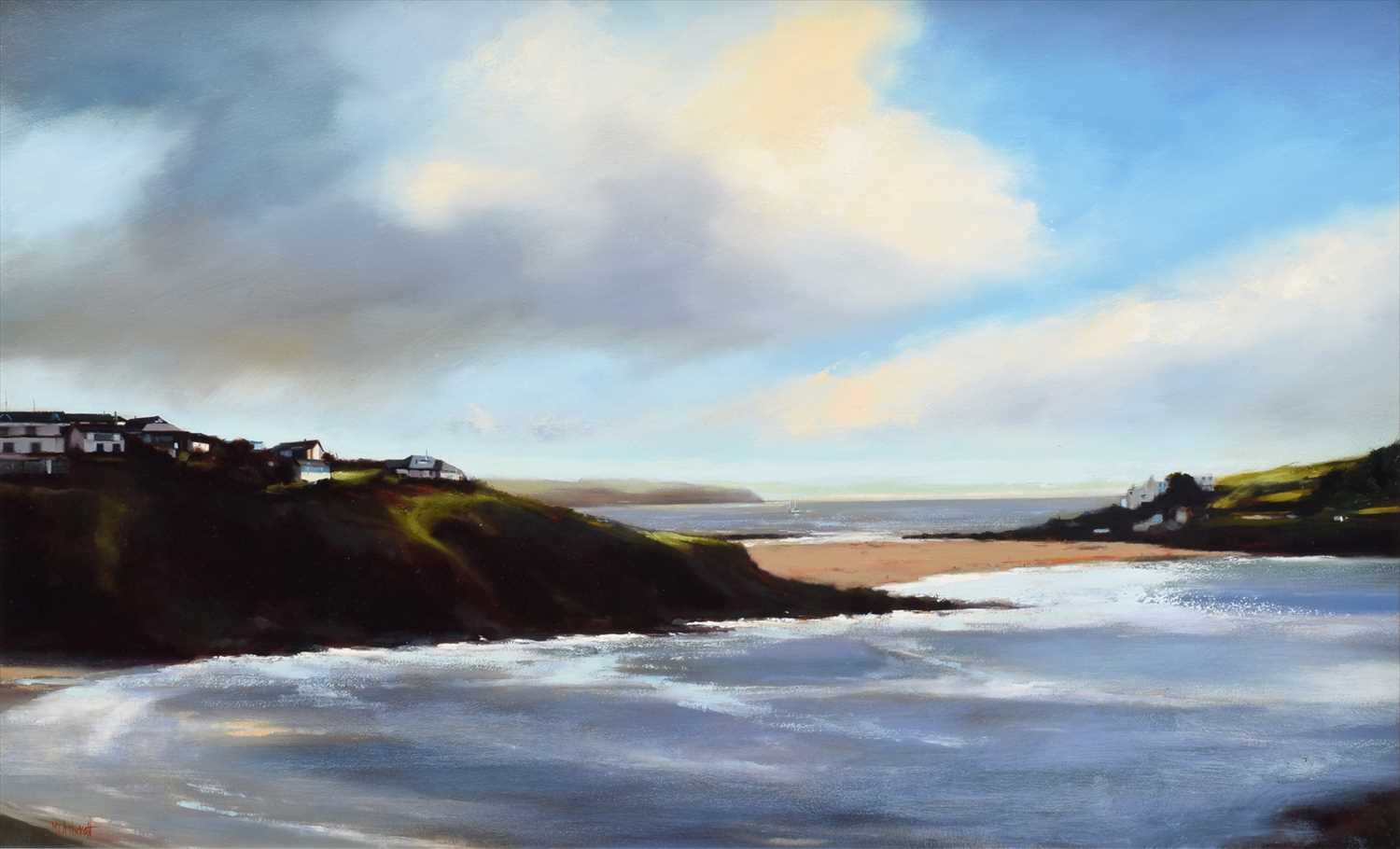 Lot 28 - Michael Ashcroft, "A Break in the Clouds - Bigbury on Sea, Devon", oil.