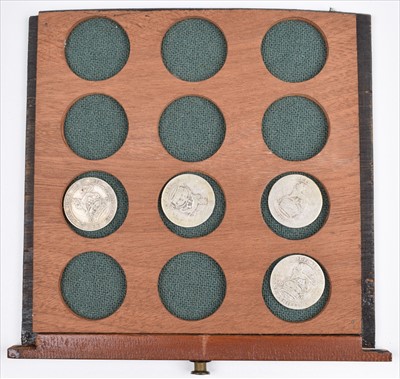Lot 124 - Coin cabinet containing Queen Elizabeth I Shilling and other coins and tokens.