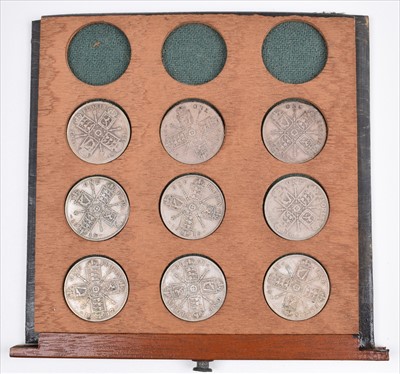 Lot 124 - Coin cabinet containing Queen Elizabeth I Shilling and other coins and tokens.
