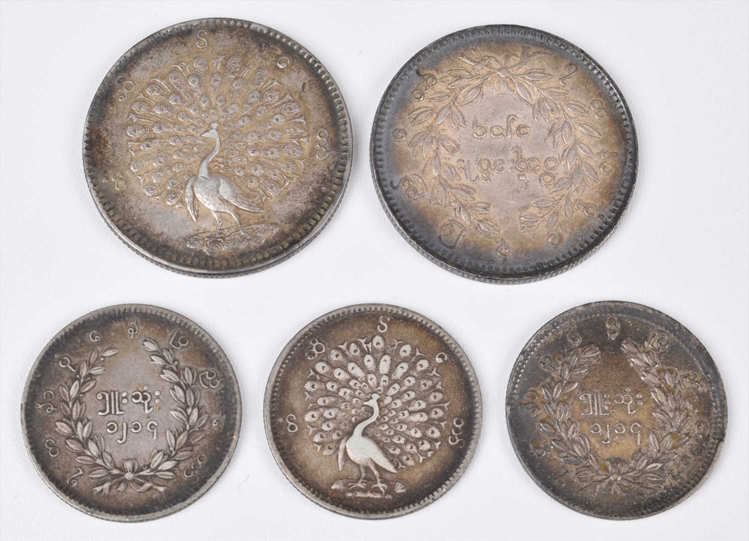 Lot 2 - Two Burmese silver Kyat (1 Rupee) coins and three Burmese silver 5 Mu (1/2 Rupee) coins (5).