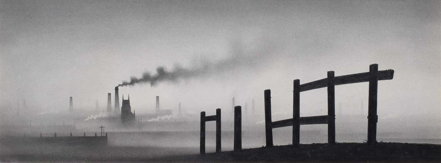 Lot 533 - Trevor Grimshaw, Industrial landscape with fence, graphite.