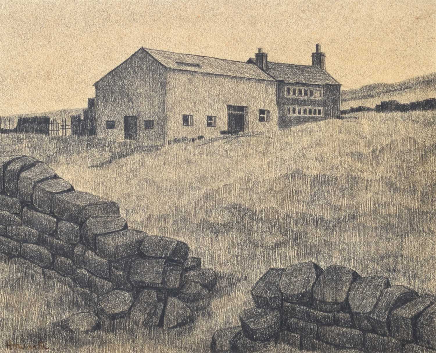 Lot 532 - Russell Howarth, Rural scene with farm buildings, pencil.