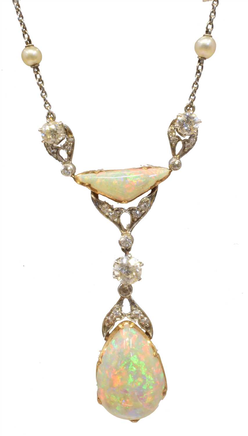 Lot 136 - An early 20th Century opal, diamond and seed pearl necklace