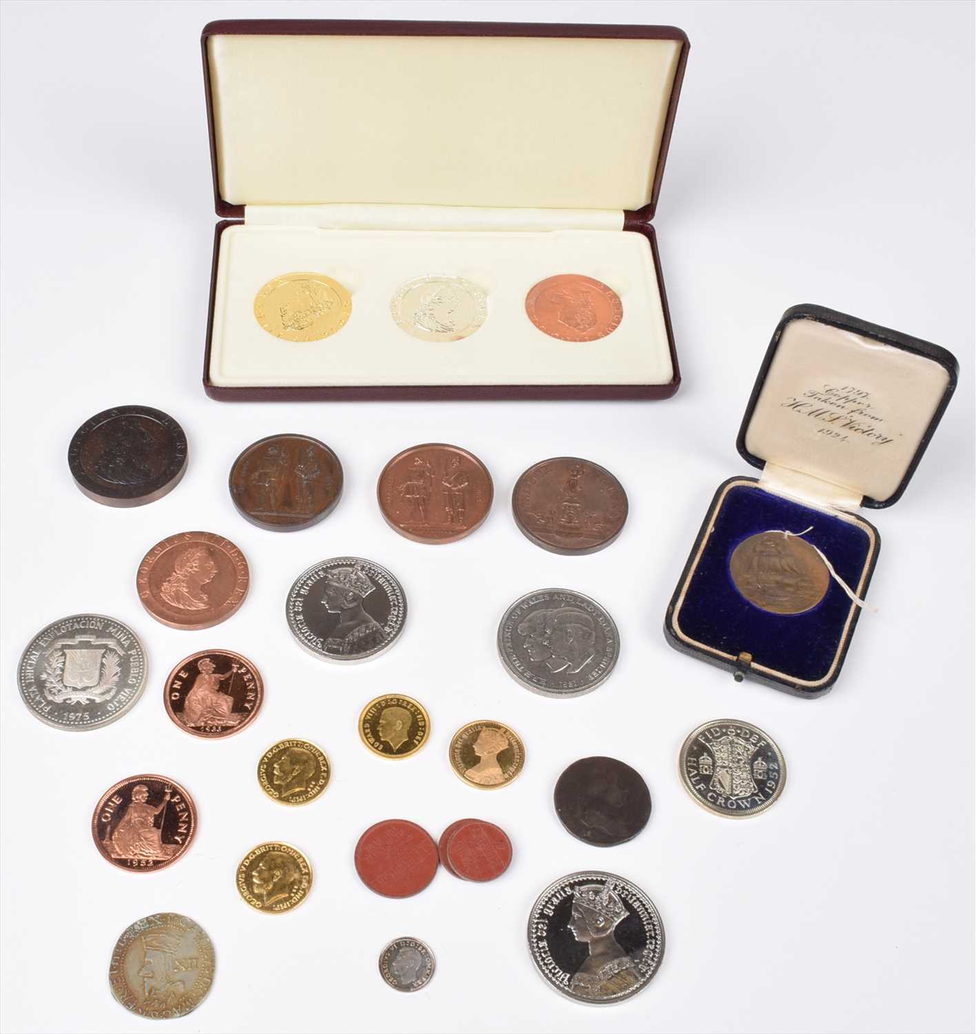 Lot 29 - Coins, re-strikes and fantasies (17) including fake sovereigns, shooting medals and tokens.