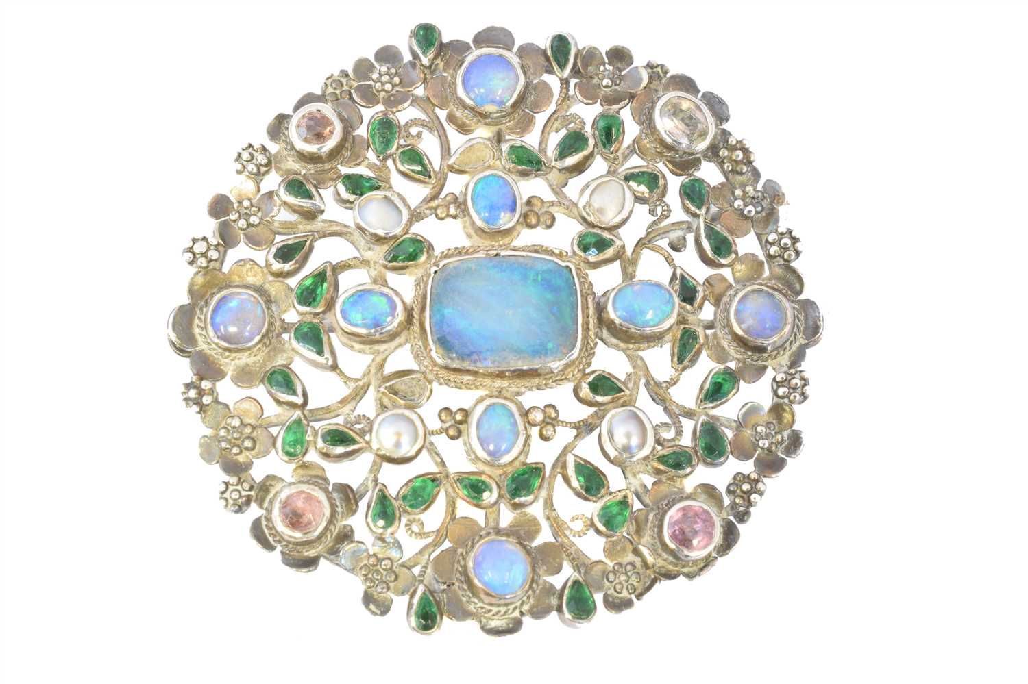 Lot 83 - An Arts & Crafts opal and vari gem brooch attributed to Arthur and Georgie Gaskin