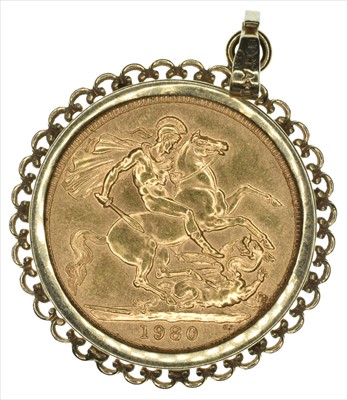 Lot 156 - Queen Elizabeth II 1980 mounted gold sovereign.