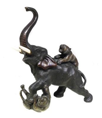 Lot 378 - Late 19th century Japanese bronze figure of an Elephant being attacked by two Tigers