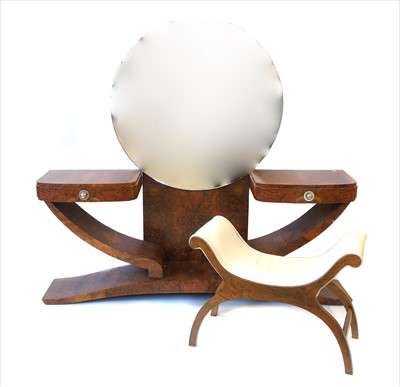 Lot 213 - Art Deco design figured walnut veneered dressing table and matching stool.