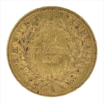 Lot 9 - 1857 Napoleon III 20 Francs French gold coin and 1863 Napoleon III 10 Francs French gold coin (2).
