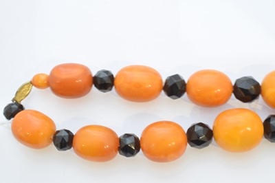 Lot 184 - A butterscotch amber and jet necklace.