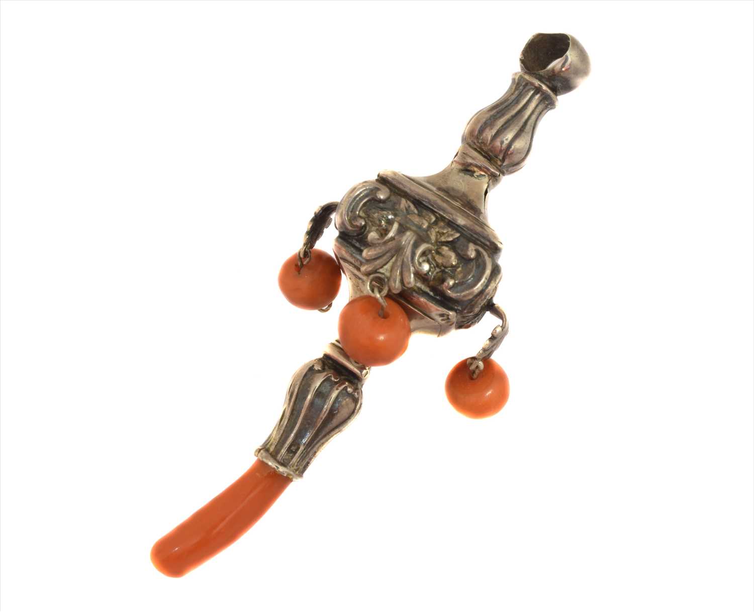 Lot 1 - An Edwardian silver and coral rattle