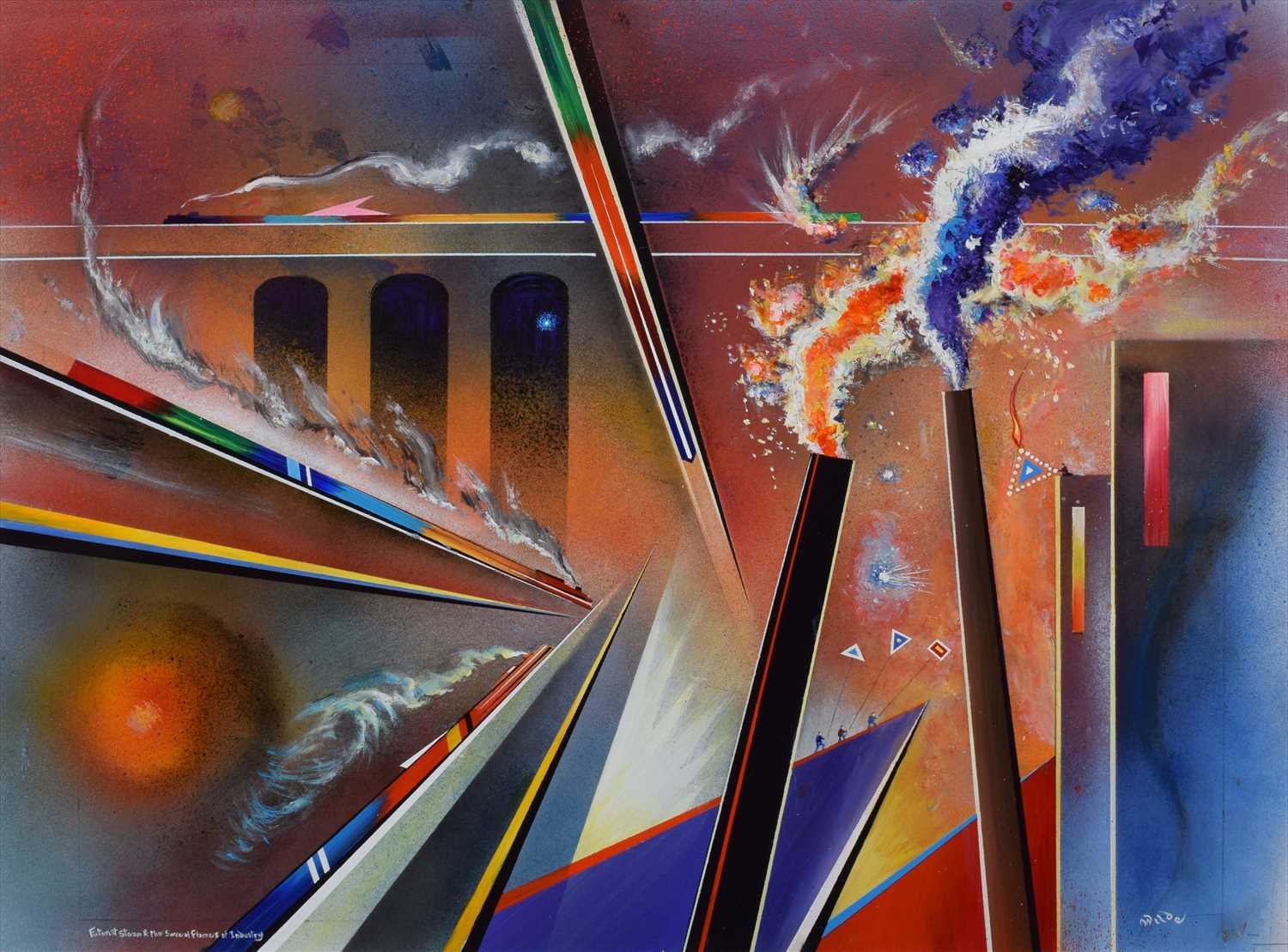 Lot 45 - David Wilde, "Futon St. Steam and the Surreal Flames of Industry", acrylic.