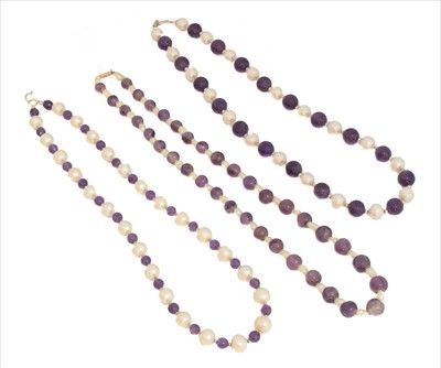 Lot 6 - Three amethyst and cultured pearl necklaces