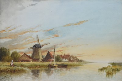 Lot 233 - N. Fowler Willatt, Dutch river scene with windmill, watercolour
