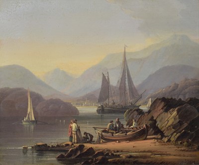 Lot 206 - Robert Salmon, Coastal scene with boats and figures, oil.