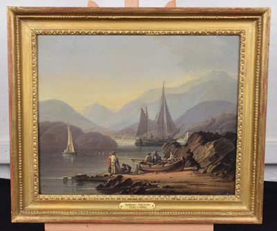 Lot 206 - Robert Salmon, Coastal scene with boats and figures, oil.