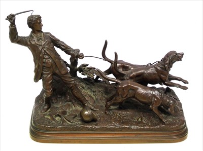 Lot 175 - After A. Durbrand bronze figure of huntsman holding back three hounds on wire leash
