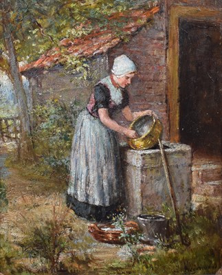 Lot 220 - Continental School, 19th century, Dutch washerwoman, oil.