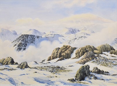 Lot 83 - J. Ingham Riley, Lake District scene in winter with snow covered fells, watercolour.
