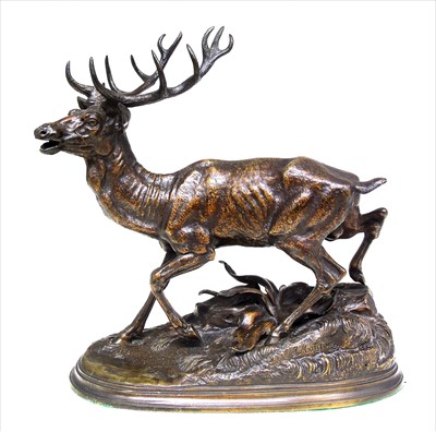 Lot 169 - After J. Moigniez bronze sculpture of a stag at waters edge