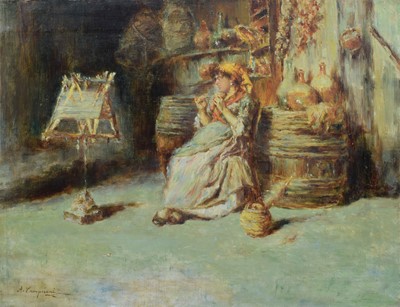 Lot 199 - A. Campriani, Interior scene with seated lady, oil.