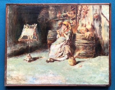 Lot 199 - A. Campriani, Interior scene with seated lady, oil.