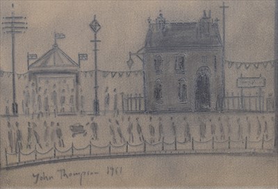 Lot 90 - John Thompson, Street scene with figures, graphite.